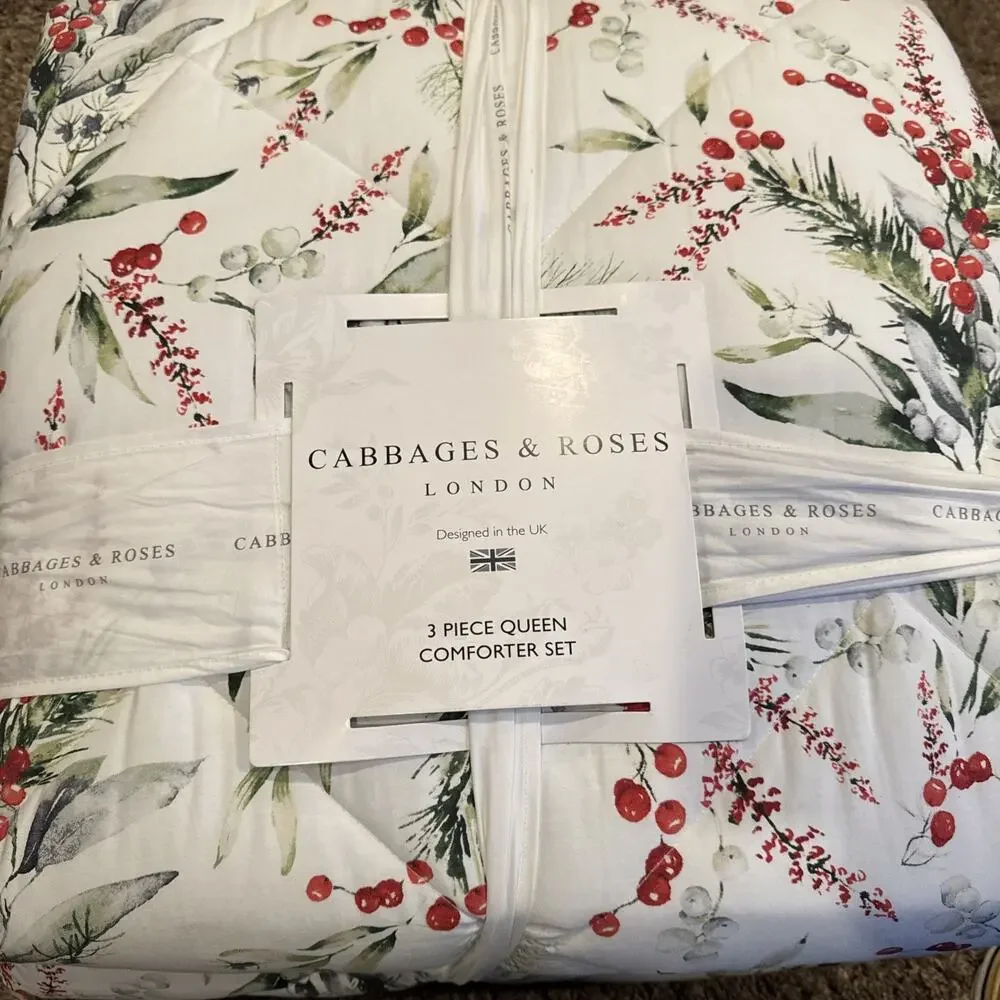 Cabbage and Roses Christmas Foliage Fir Ruby Queen Comforter Set 90”x90”